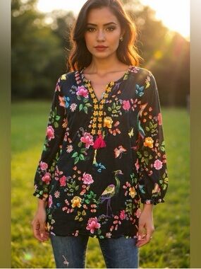 Johnny Was Floral Bird Print Black Women’s Button-Front Blouse